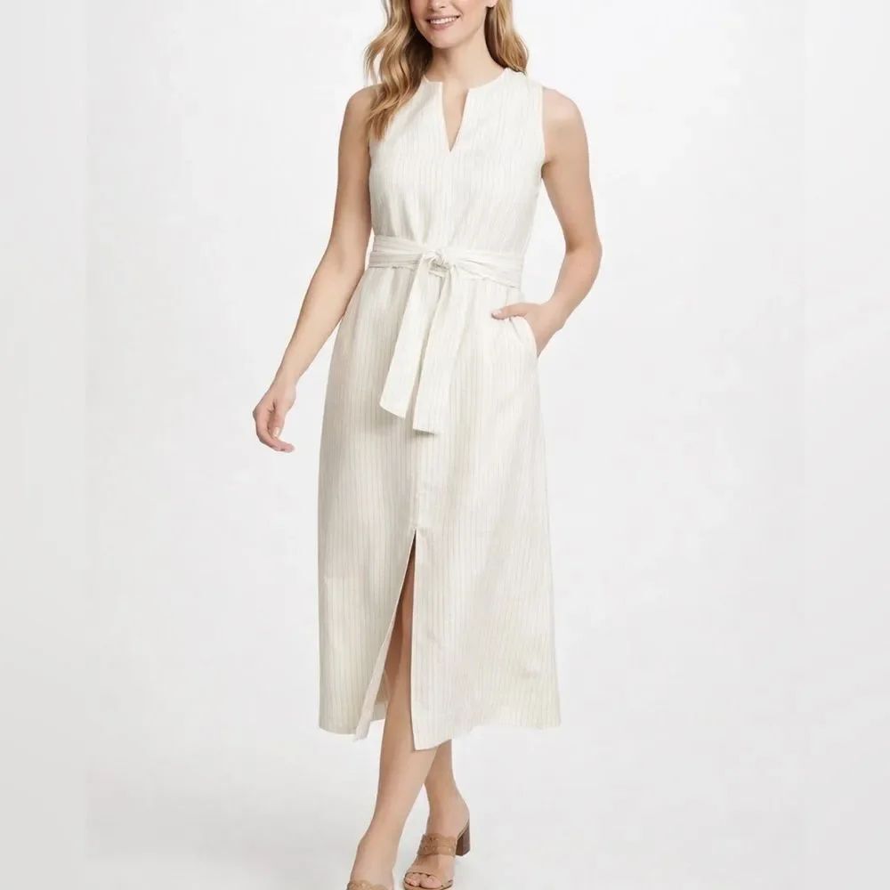 Vince Pinstripe Linen Blend Midi Dress Self Belt Pockets Slit Front Size 14